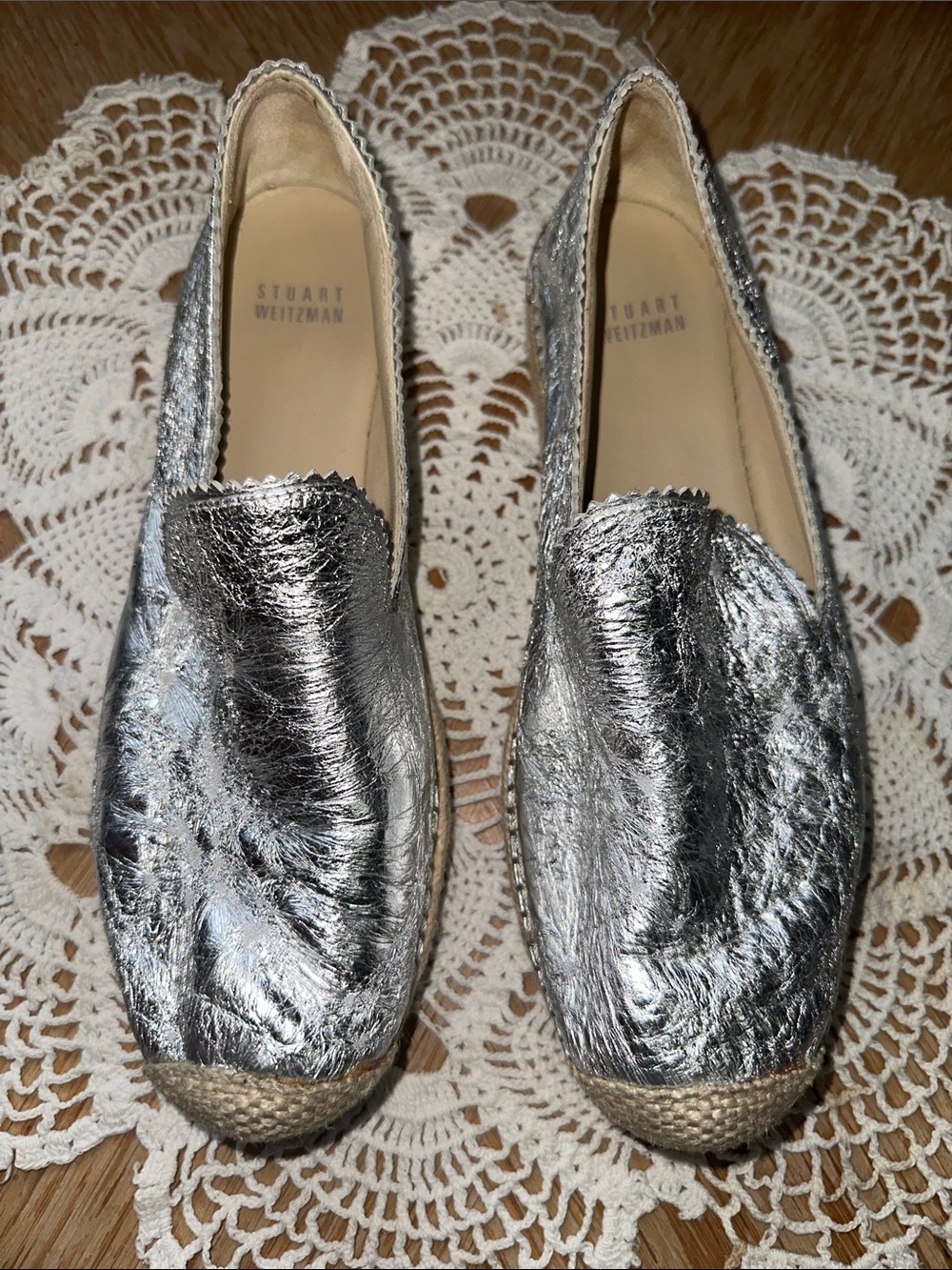 Vintage Stuart Weitzman Metallic Silver Espadrille Loafers Size 8.5 M Excellent